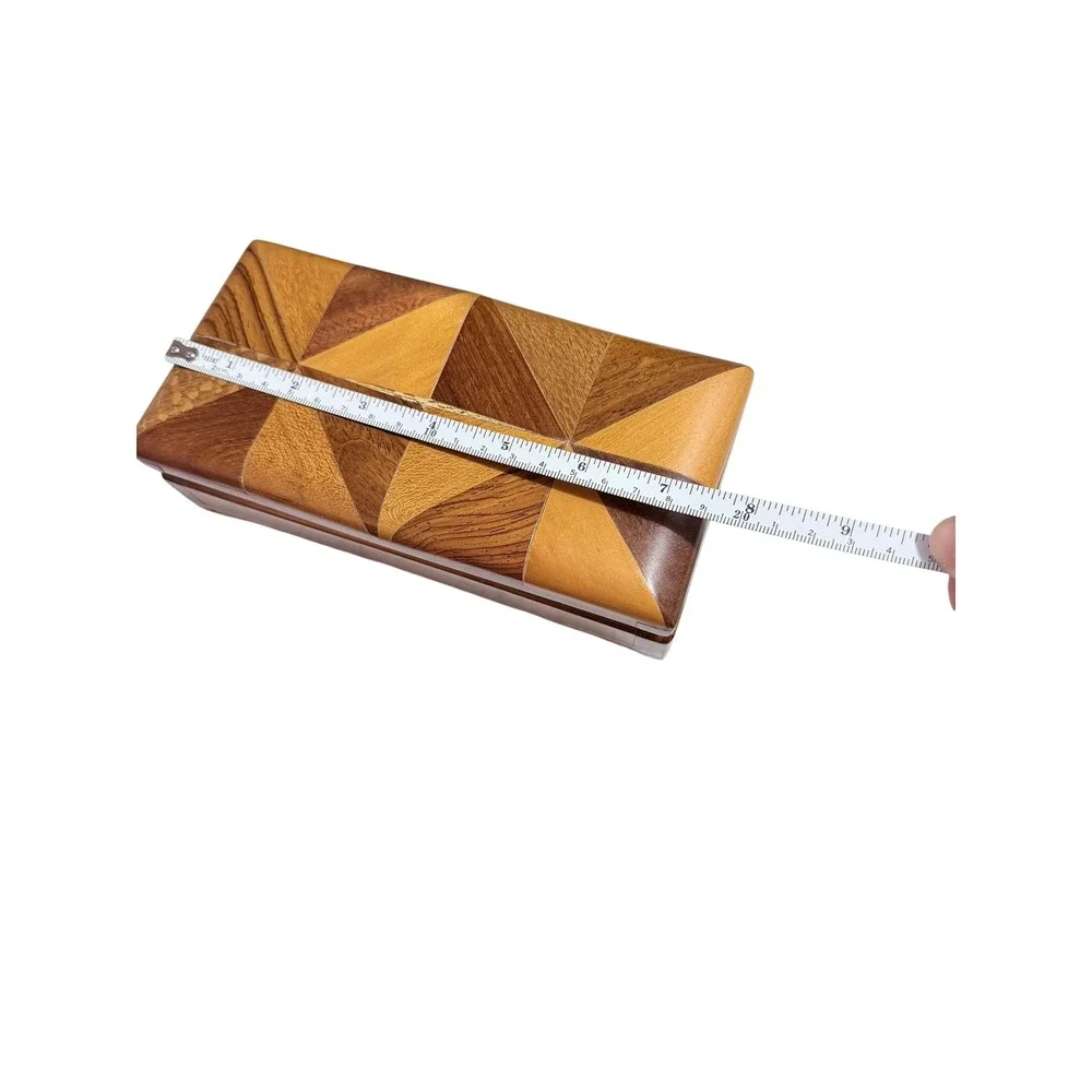 Boho Marquetry Wood Inlay Trinket Box Brown Geometric Parquetry Lined